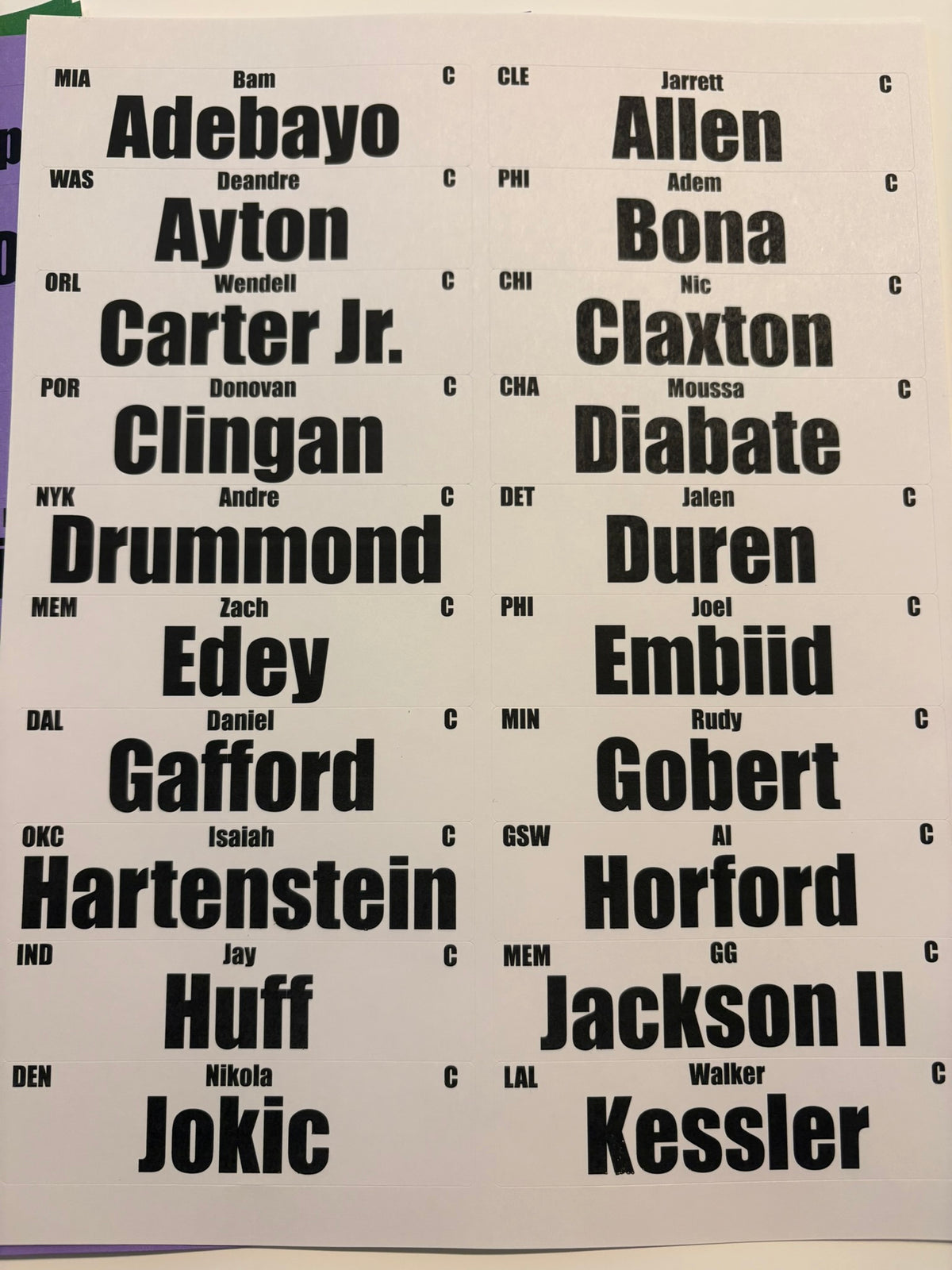 2026 Fantasy Basketball Player Labels Centers 1x4