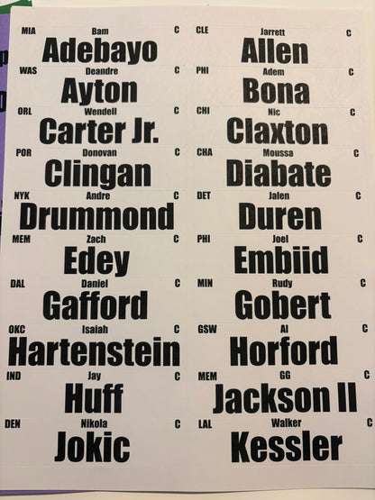 2026 Fantasy Basketball Player Labels Centers 1x4