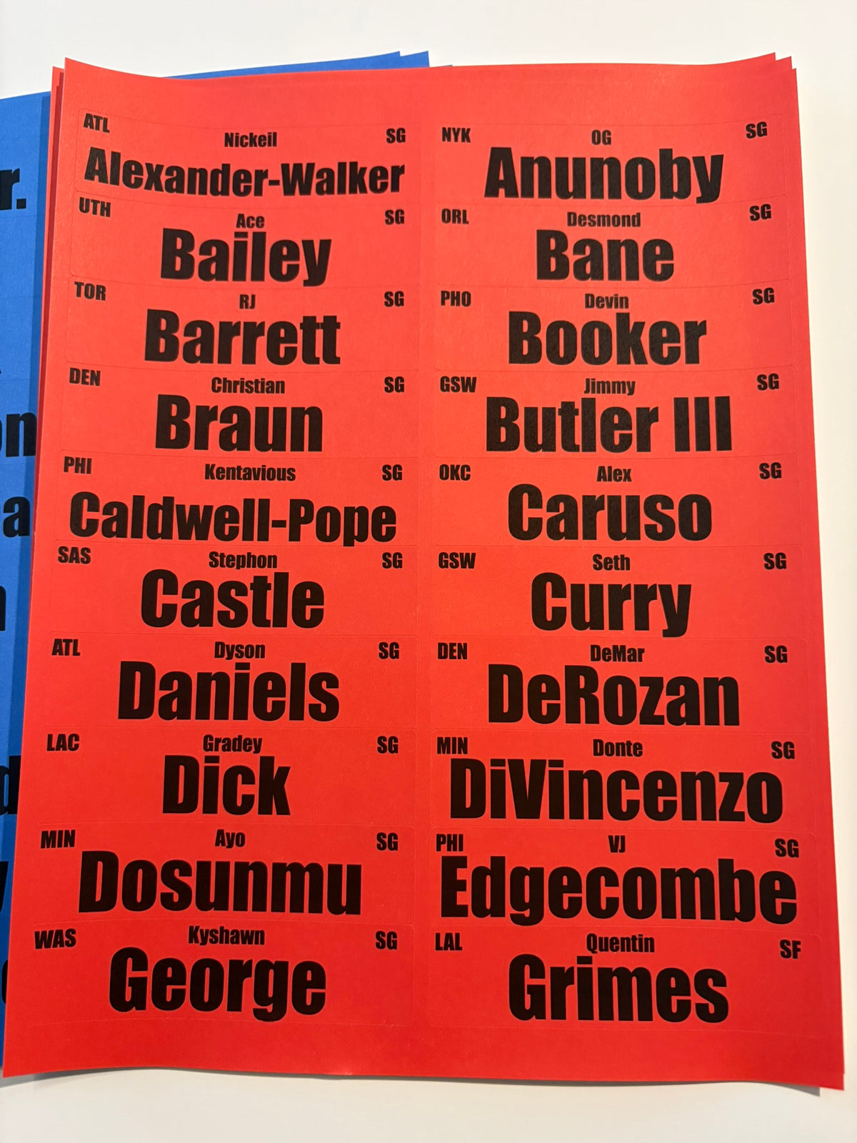 2026 Fantasy Basketball Player Labels SG 1x4