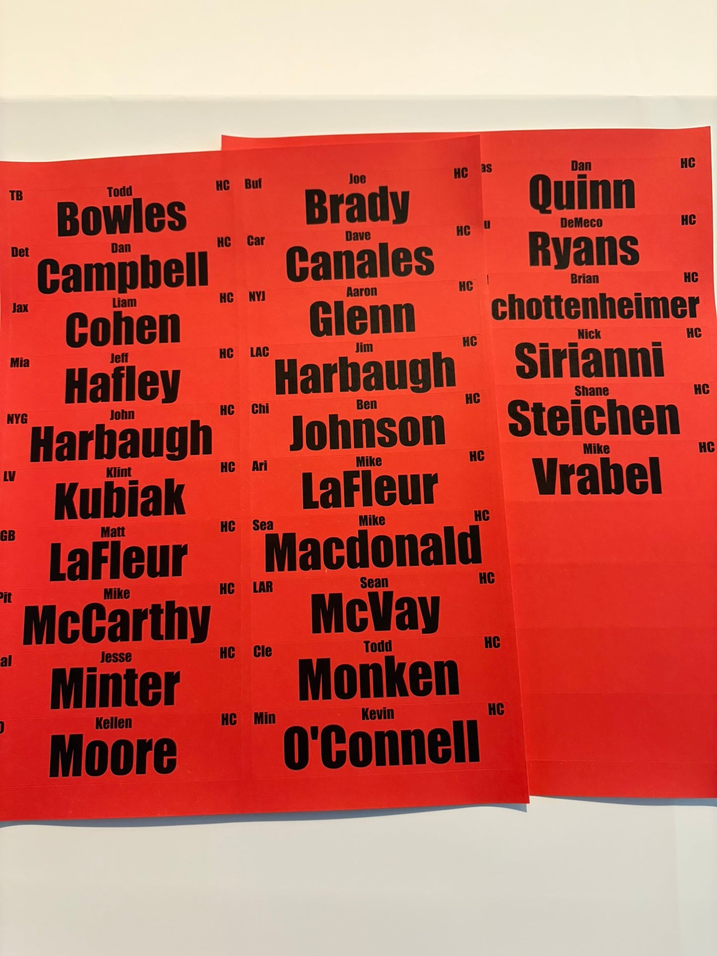 2026 Fantasy football head coach player labels sticker sheet for draft board